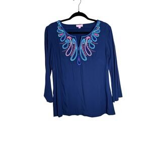 Lilly Pulitzer Charlotte Beaded Embroidered Tunic Top Navy Blue Pink Size Small